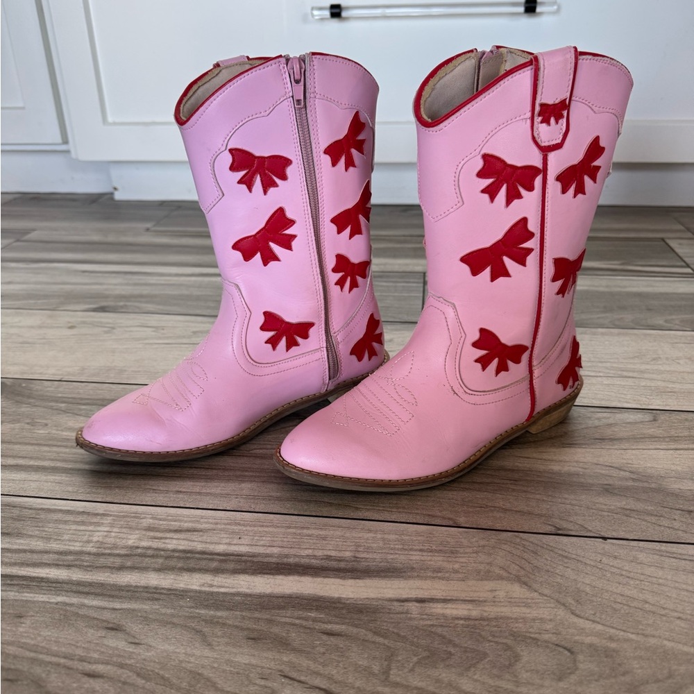 Charming Pink Kids Boots with Red Bow Details
